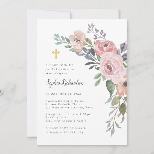 微妙な水色のバラ |金ゴールド・クロスとのバプテスマ 招待状 (正面)