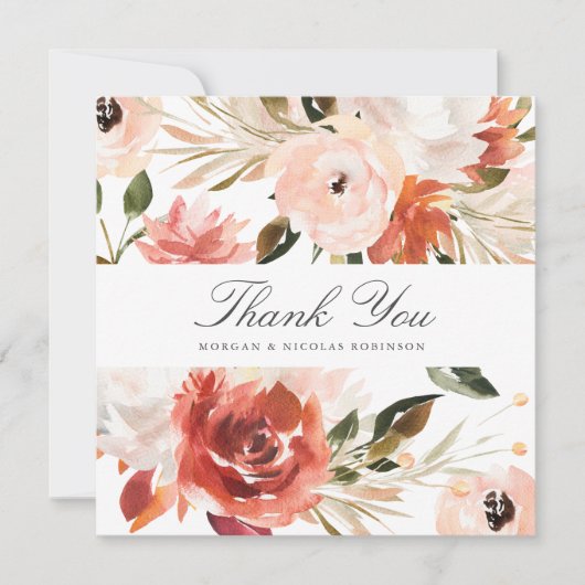 微妙な赤と白フローラスクエアありがとう カード (正面)