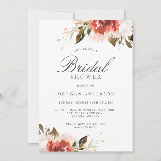 微妙な赤と白フローラブーケブライダルシャワー 招待状 (正面)