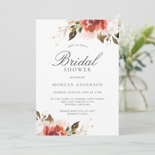 微妙な赤と白フローラブーケブライダルシャワー 招待状 (スタンド正面)