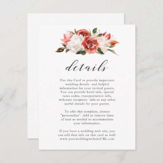 微妙な赤と白フローラ結婚の詳細 エンクロージャーカード (正面/裏面)