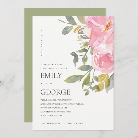 微妙な赤面ピンクローズフローラカップルのシャワーカード サンキューカード (正面/裏面)