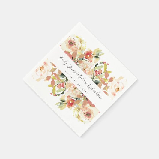 微妙な赤面ピーチピンクの水色フローラ結婚ズ スタンダードカクテルナプキン (角)