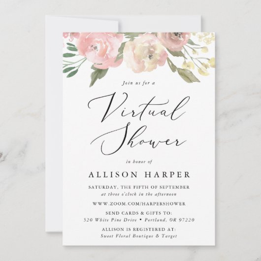 微妙な開花フローラバーチャルベビーシャワー 招待状 (正面)