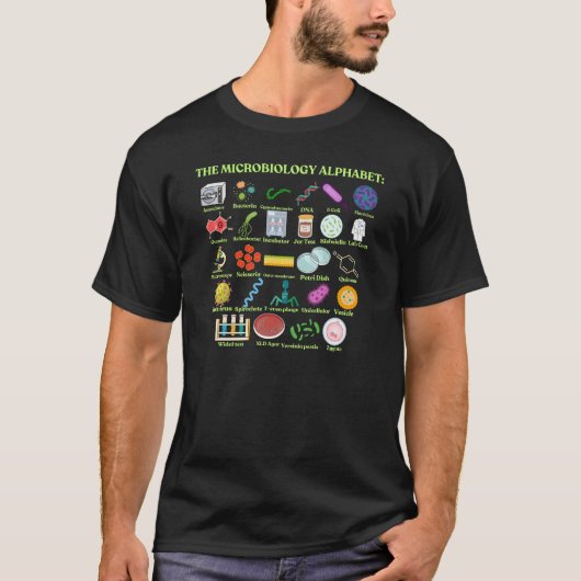 微生物学のアルファベット 科学と微生物学 Tシャツ (正面)