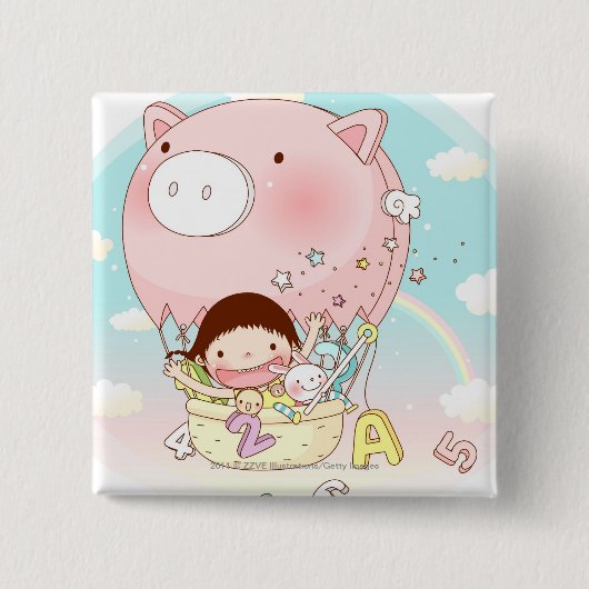 微笑する熱気の気球に坐っている女の子 缶バッジ (正面)