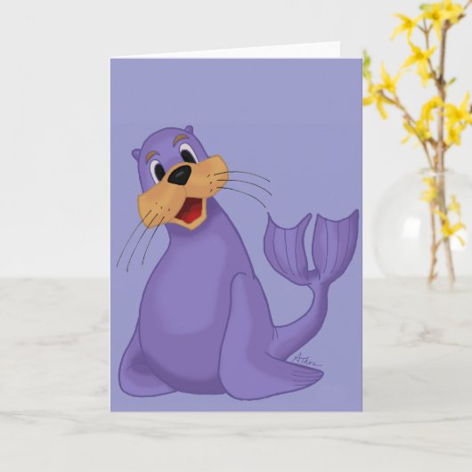 微笑のアシカの挨拶状 カード (黄色い花)