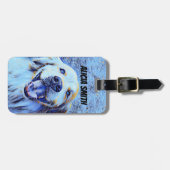 微笑のゴールデン・リトリーバー犬の青の芸術 ラゲッジタグ (正面横)