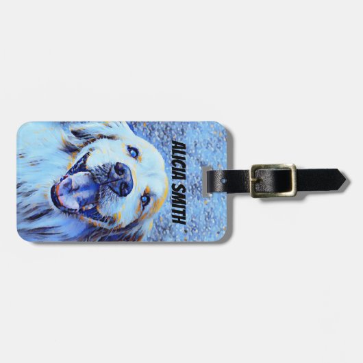 微笑のゴールデン・リトリーバー犬の青の芸術 ラゲッジタグ (正面横)