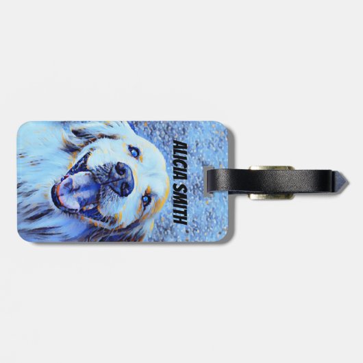 微笑のゴールデン・リトリーバー犬の青の芸術 ラゲッジタグ (裏面横)