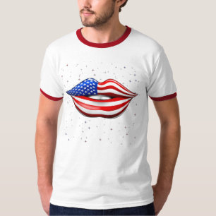微笑の唇のTシャツの米国の旗の口紅 Tシャツ