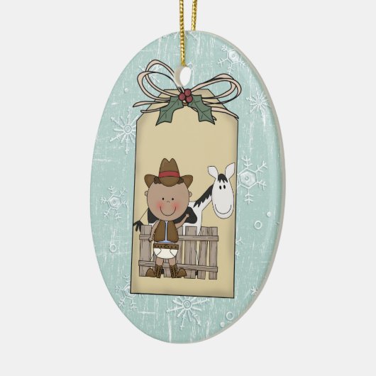 微笑の男の赤ちゃんのカウボーイの子馬はラベルギフトの2味方しました セラミックオーナメント (左)