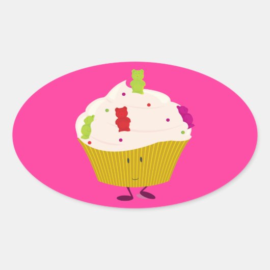 微笑むグミベアのカップケーキ 楕円形シール (正面)