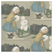 微笑む女の子 雪だるま ソリ 雪 林 ファブリック (クローズアップ)