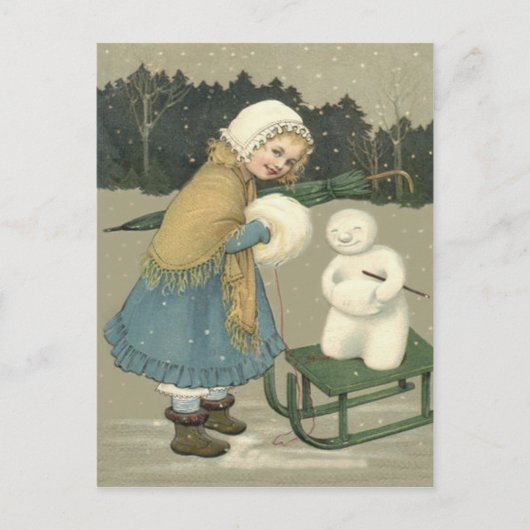 微笑む女の子 雪だるま ソリ 雪 林 ポストカード (正面)