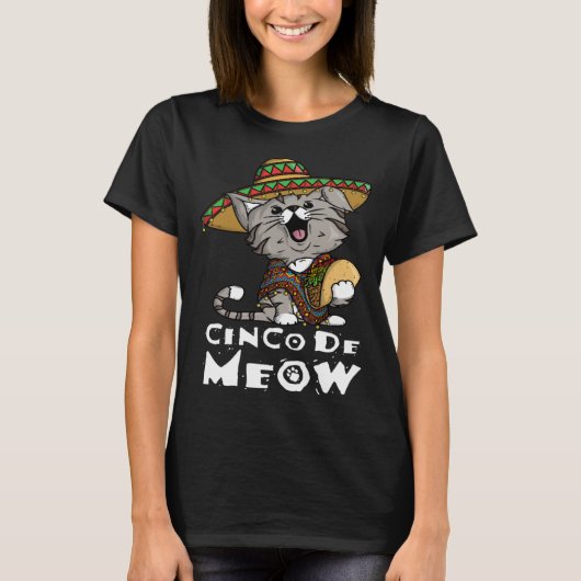 微笑む猫のタコスとソンブレロのCinco De Meow Tシャツ (正面)