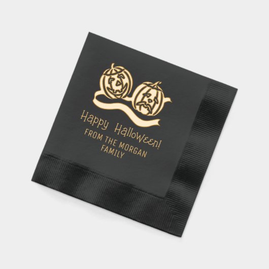 微笑んで眉をひそめるカボチャのハッピーハローウィン名 箔ナプキン (左)