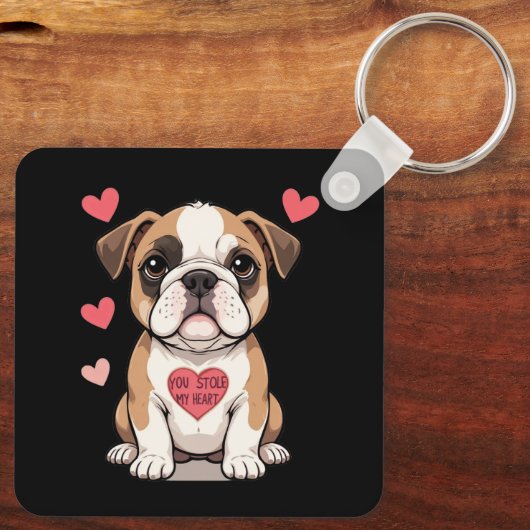 心からパーソナライズされたのメッセージを込めたブルドッグの子犬 キーホルダー (裏面)