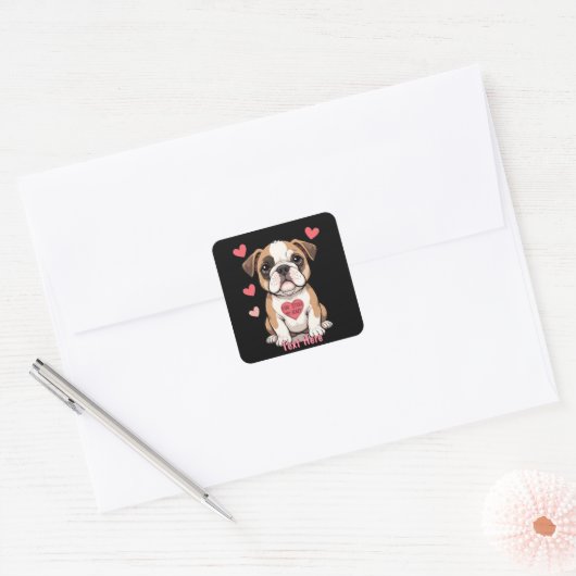 心からパーソナライズされたのメッセージを込めたブルドッグの子犬 スクエアシール (封筒)