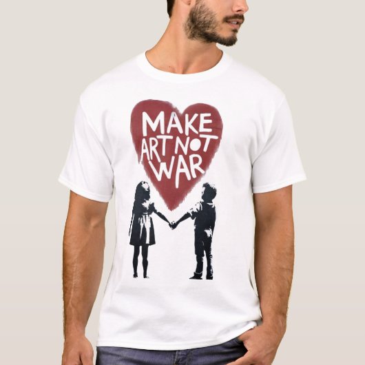 「心に響くハート」 MAKE ART NOT WAR と少年 Tシャツ (正面)