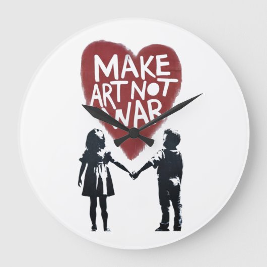 「心に響くハート」 MAKE ART NOT WAR』少年と少女との ラージ壁時計 (正面)