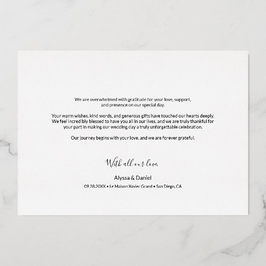 心のこもったメッセージカスタム結婚式の写真ありがとう 箔シーズンカード (裏面)