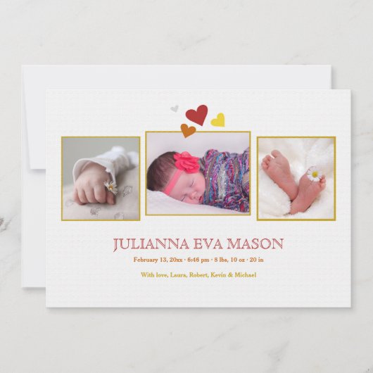 心のこもった紹介写真誕生の発表 案内状 (正面)