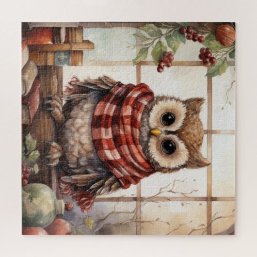 心地よいクリスマスフクロウ心温まる冬かわいいフクロウ ジグソーパズル (横)