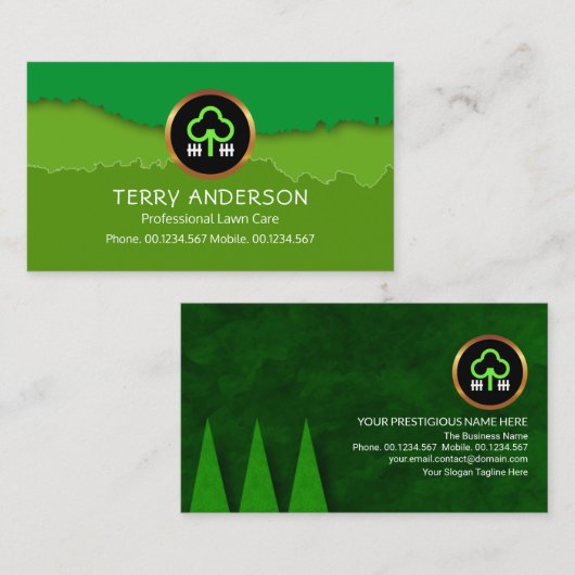 心地よい緑の風景を重ねた芝生庭師(気に庭師) 名刺 (正面/裏面)
