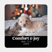 心地よい&ジョイ写真と名前クリスマスモダン メタルオーナメント (裏面)