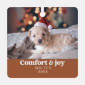 心地よい&ジョイ写真と名前クリスマスモダン メタルオーナメント (正面)