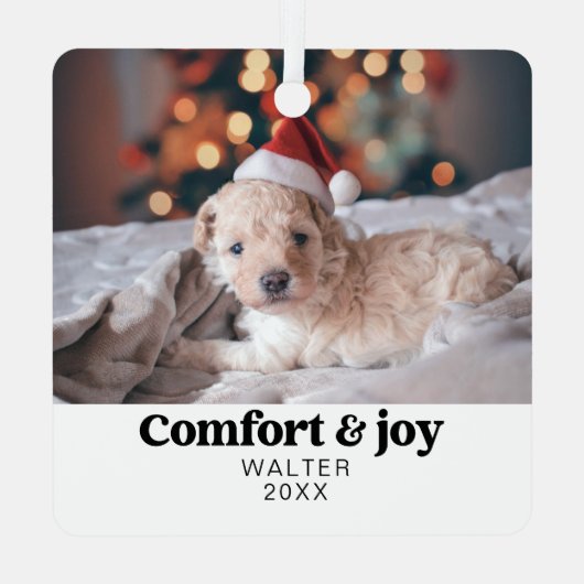 心地よい&ジョイ写真と名前クリスマスモダン メタルオーナメント (裏面)