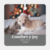 心地よい&ジョイ写真と名前クリスマスモダン メタルオーナメント (正面)