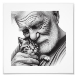 心温まる瞬間 老人と子猫のクローズアップアート フォトプリント           