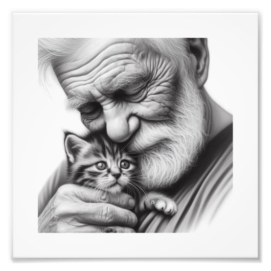 心温まる瞬間 老人と子猫のクローズアップアート フォトプリント (正面)
