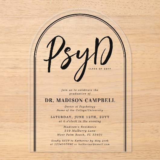 心理学の博士卒業式パーティー アクリル招待状 (正面)
