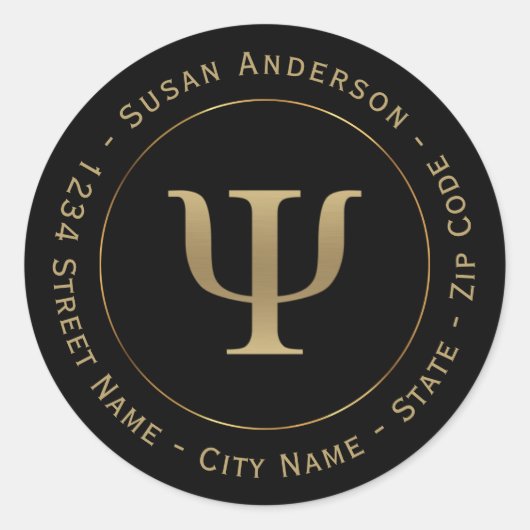 心理学者金ゴールドPsiシンボル差出人住所ラベル ラウンドシール (正面)