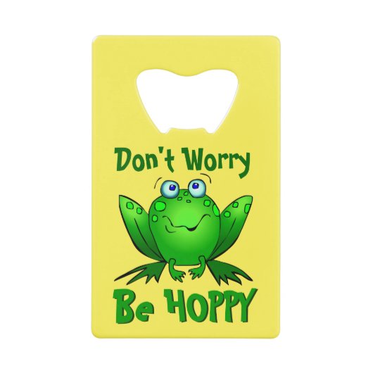 . .心配しない、かわいい緑の蛙、青い目 クレジットカード栓抜き (正面)