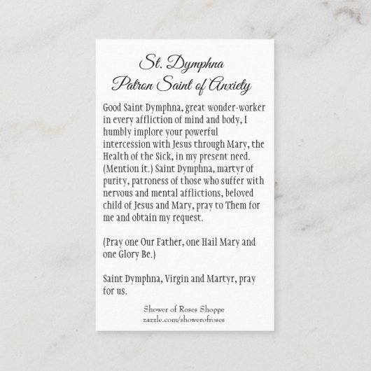 心配の神聖なカードの聖者のDymphnaのPatroness 名刺 (裏面)