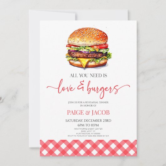 必要なのはLoveとBurgersのリハーサルディナー 招待状 (正面)