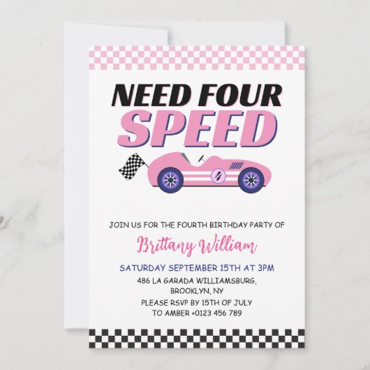 必要四速ピンクレースカーガール誕生日 招待状 (正面)