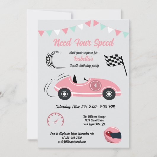 必要四速フェスティバルピンクレースカー誕生日 招待状 (正面)