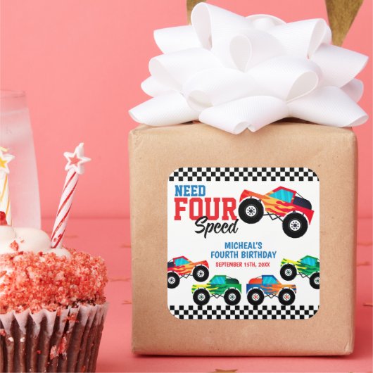 必要四速モンスタートラック第4誕生日 スクエアシール (パーティー)