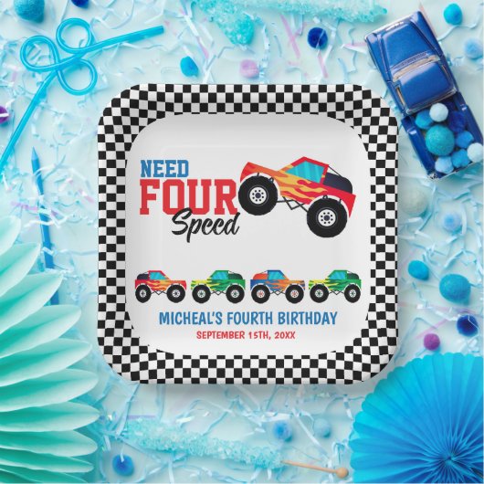 必要四速モンスタートラック誕生日 ペーパープレート (パーティー)