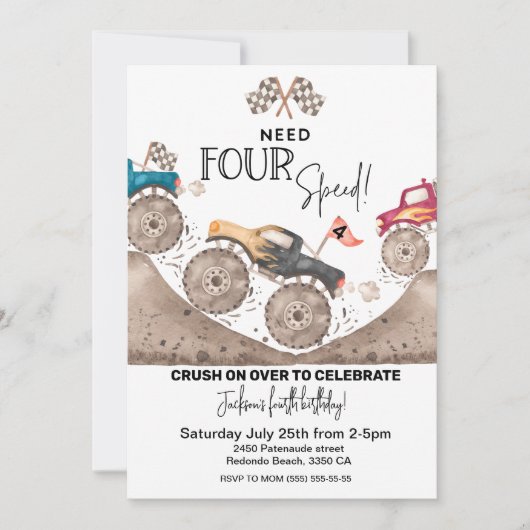 必要四速、モンスタートラック4th誕生日招待状 招待状 (正面)
