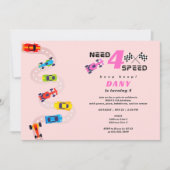 必要性4スピードモーターカーレーシングガール4誕生日 招待状 (正面)