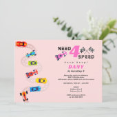 必要性4スピードモーターカーレーシングガール4誕生日 招待状 (スタンド正面)