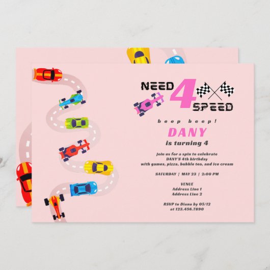必要性4スピードモーターカーレーシングガール4誕生日 招待状 (正面/裏面)
