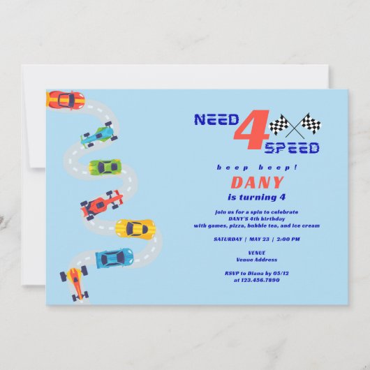 必要4スピードモーターカーレーシングボーイズ4誕生日 招待状 (正面)
