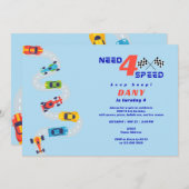 必要4スピードモーターカーレーシングボーイズ4誕生日 招待状 (正面/裏面)